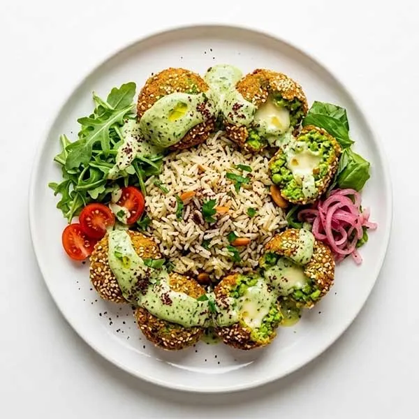 Cheesy green peas falafel bowl with sumac rice and green bil tahini sauce